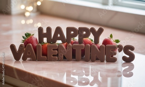 Fototapeta Chocolate lettering and strawberries on a pink surface, celebrating Valentine's Day with bokeh