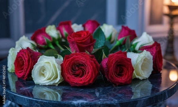 Fototapeta Circular arrangement of red and white roses, water droplets visible, on a marbled surface