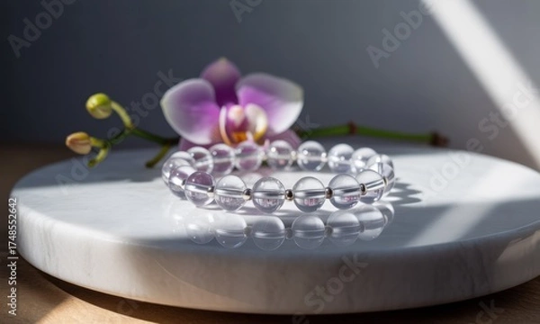 Fototapeta Clear quartz beaded bracelet rests near a vibrant orchid on a marble surface. Sunlight creates shadows