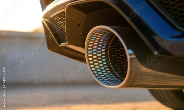 Fototapeta Close-up car exhaust pipe with iridescent, honeycomb pattern against a sunlit, dusty backdrop