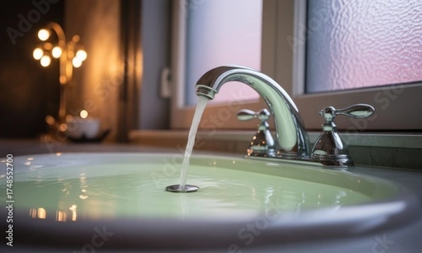Fototapeta Close-up of a bathroom sink with water flowing from chrome faucet, illuminated by soft light