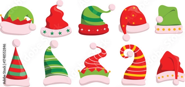 Obraz Christmas hats, Santa hats, elf hats, festive headwear, holiday costume accessories, red and green hats, winter celebration hats, cute cartoon hats, decorative holiday caps, Xmas party hats