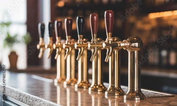 Fototapeta Close-up of a row of gleaming brass beer taps on a bar counter, warm lighting