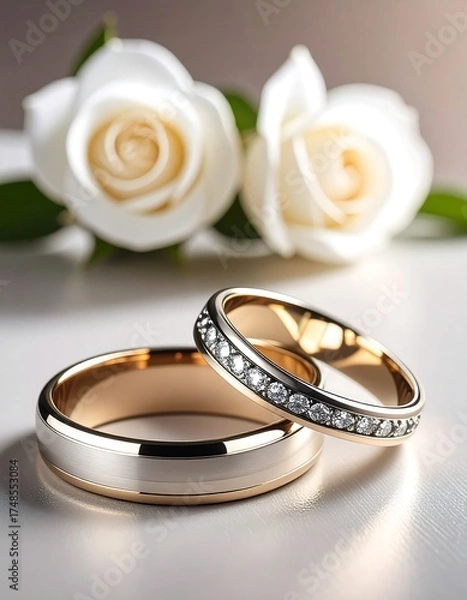 Fototapeta Two wedding rings, platinum and rose gold, set against a backdrop of two white roses.  Elegant and romantic