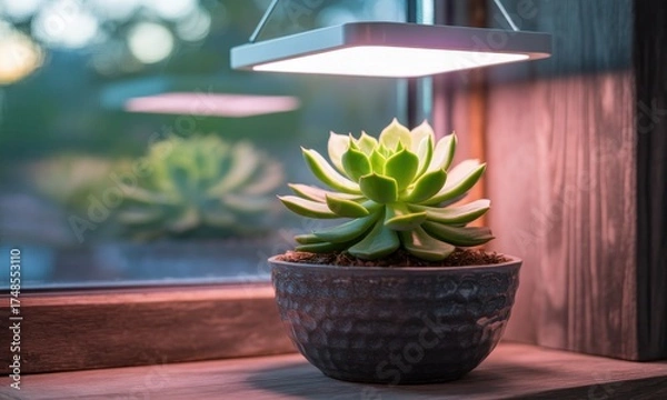 Fototapeta Close-up of a succulent in a pot illuminated by a hanging square light near a window