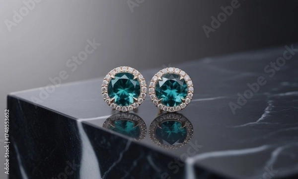 Fototapeta Close-up of two elegant stud earrings with vibrant teal gemstones, sitting on a glossy surface