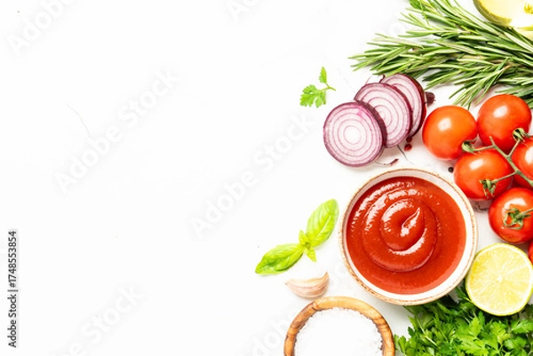 Fototapeta Kitchen table with herbs, spices and vegetables.