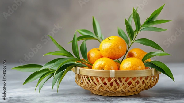 Obraz Fresh oranges in basket with green leaves for fruit display