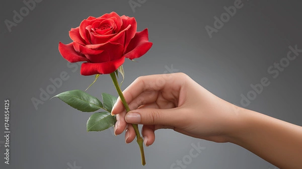Obraz Hand holding red rose against plain background