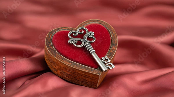 Obraz Heart-shaped box with skeleton key in vintage style in red and brown colors for Valentine's Day