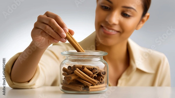 Obraz Woman Smiling Taking Cinnamon From Jar