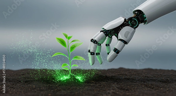 Fototapeta Robot hand nurturing green plant with glowing particles