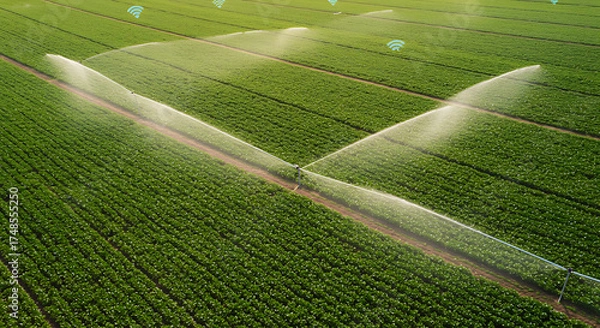 Fototapeta Aerial view of green farm field with sprinklers watering crops