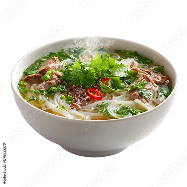 Fototapeta Vietnamese pho soup with rice noodles, beef slices, fresh herbs, red chili, and steaming broth served in bowl, top view