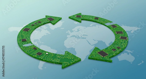 Fototapeta Green circuit board arrows in circular motion over world map