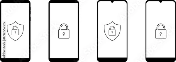Fototapeta Four smartphones displaying lock icons isolated on white background.