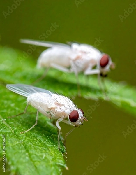 Fototapeta Two white flies on a green leaf