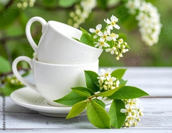 Fototapeta Two white teacups stacked, adorned with delicate spring blossoms