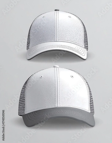 Fototapeta Two white trucker hats, one with a grey brim, front view