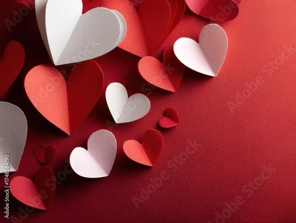Fototapeta Colorful paper hearts on a vibrant red background