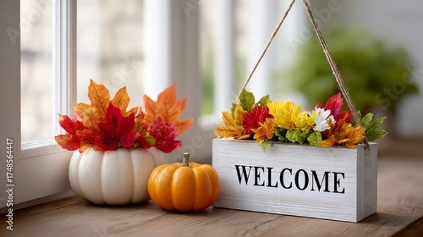 Obraz White sign with the word "welcome" written on it hangs over a table with a vase of flowers and two pumpkins