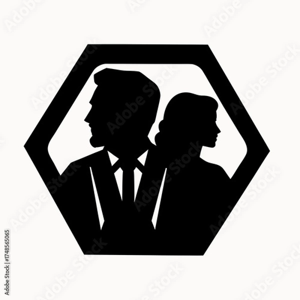 Fototapeta Silhouette of a man in suit and tie and a woman in a hexagon frame against a white background