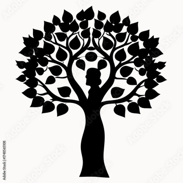 Fototapeta Silhouette of a tree with leaves and fruit with a woman figure integrated into the tree trunk design