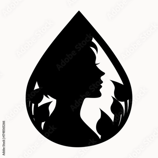 Fototapeta Silhouette of a woman's profile inside a teardrop shape surrounded by stylized leaves in black and white