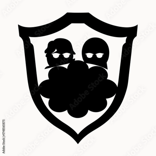 Fototapeta Shield emblem featuring two figures with sunglasses behind a cloud like shape in black and white design