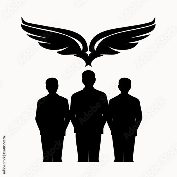Fototapeta Silhouette of three people standing under a pair of wings in a black and white graphic design image