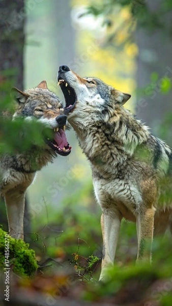 Fototapeta Two wolves in a misty forest, their mouths open wide
