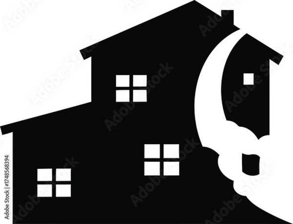 Fototapeta Silhouette of a multi-story house with a wrench symbol integrated into its structure suggesting home repair and renovation services vector