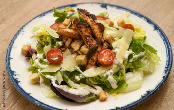 Fototapeta Caesar salad with grilled chicken and cherry tomatoes, close-up