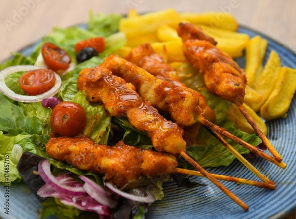 Fototapeta Chicken kebab on skewers with french fries and salad.