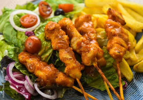 Fototapeta Chicken kebab on skewers with french fries and salad.