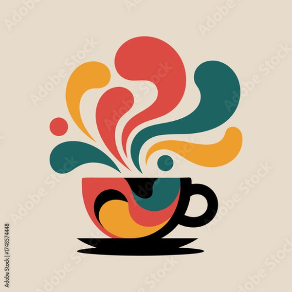 Fototapeta Colorful coffee cup illustration with abstract steam isolated on white background.