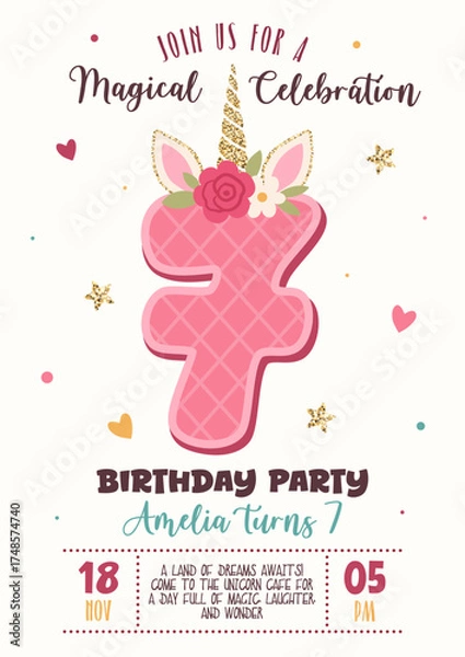 Obraz Birthday invitation with cute unicorn number 7 and floral elements. Magical celebration, kids party poster, fantasy design. Vector illustration. Unicorn, horn, glitter, flowers, pink, gold, confetti