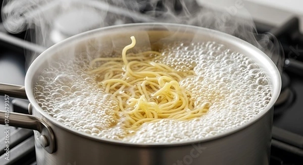 Fototapeta Cooking fresh noodles in a pot of boiling water on the stove.