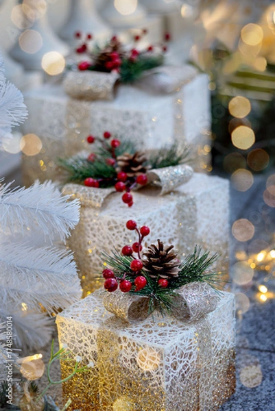 Fototapeta Festive holiday scene featuring beautifully wrapped Christmas presents with pinecone and red berry decorations, set under white Christmas tree adorned with glowing lights.