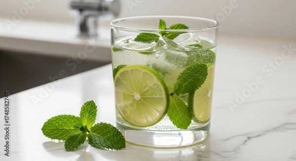 Obraz Refreshing iced mint lime drink on marble countertop