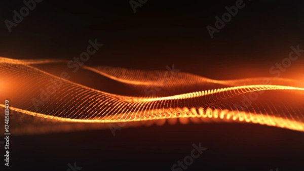 Fototapeta Abstract golden digital waves with light reflections on dark background. Orange cinematic intro. Shiny particle waves with soft bokeh effect. Technology, space, ai. 