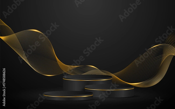 Fototapeta Multi-layered black podium with elegant gold wave lines on the back for product presentation. Display of cosmetic products. Stage or podium. vector illustration	