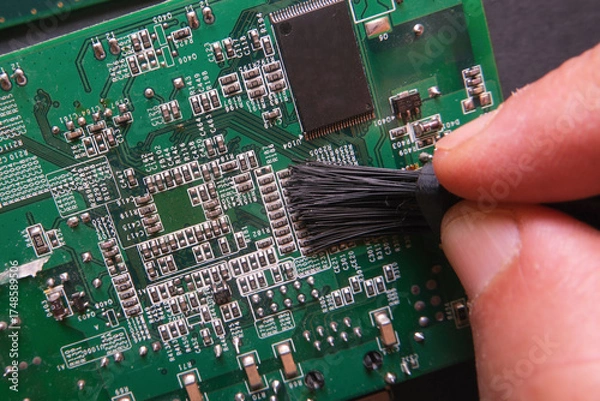 Obraz Maintenance of electronic systems. Cleaning the dust on the surface semiconductor components of digital devices. 
