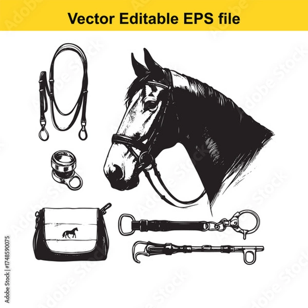 Fototapeta Vector art of collection of equestrian equipment including a horse head sketch, bridle, reins, bit, and a small saddle bag