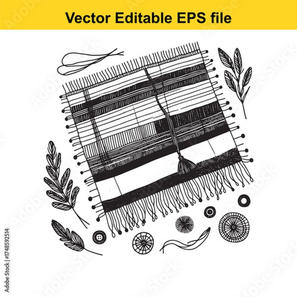 Fototapeta Vector art of handdrawn sketch of a woven fabric with fringe and decorative elements, , vector illustration
