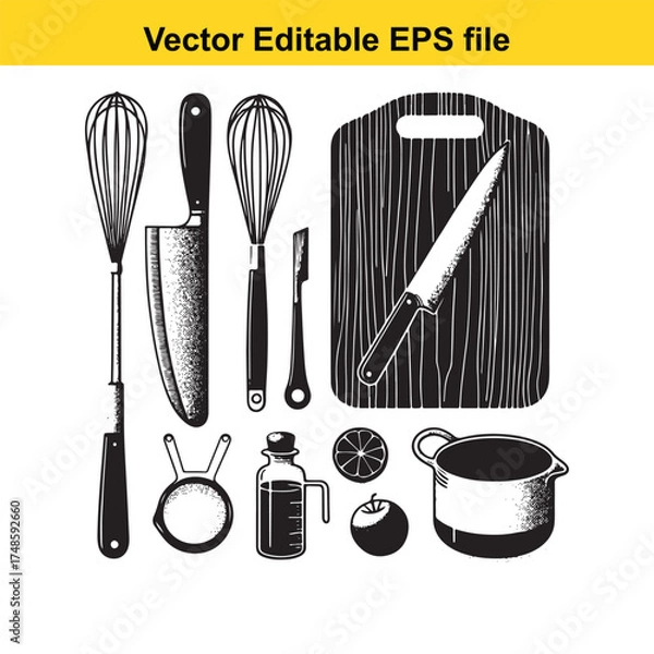 Fototapeta Vector art of handdrawn sketch of kitchen utensils, cutting board, and ingredients, , vector illustration