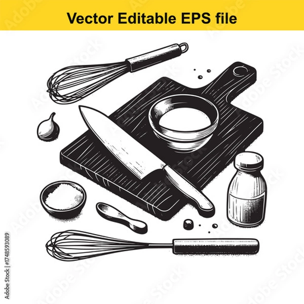 Fototapeta Vector art of a still life arrangement of kitchen tools and ingredients, featuring a knife, cutting board, bowls, and a bottle, isolated on a
