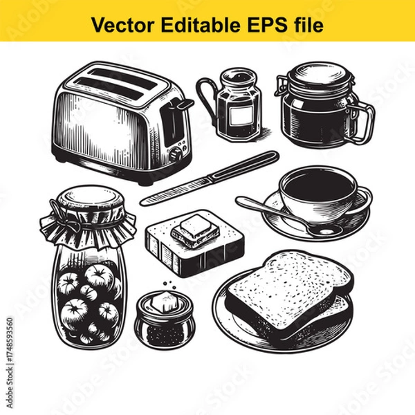 Fototapeta Vector art of a breakfast scene with a toaster, coffee cup, toast, jam jars, and butter, isolated on a