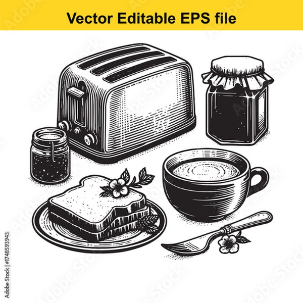 Fototapeta Vector art of a vintage black and white illustration of a toaster, coffee cup, toast with flowers, and jam jars