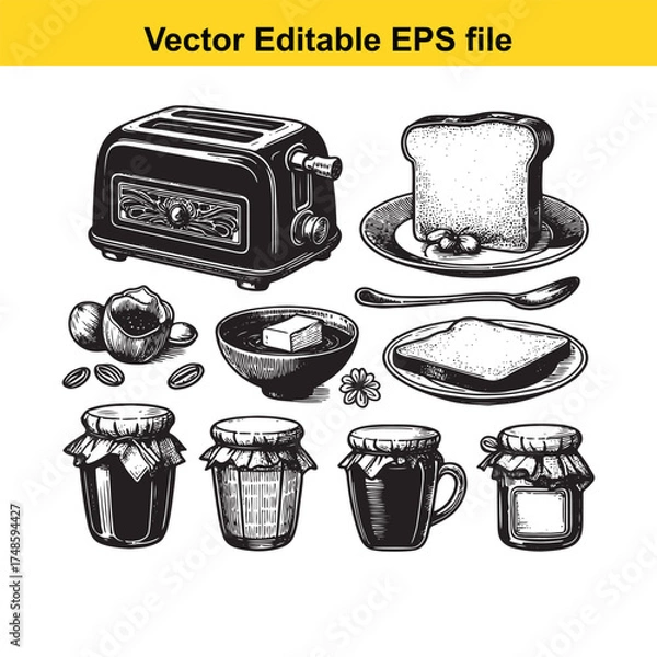 Fototapeta Vector art of vintage handdrawn illustration of breakfast items including a toaster, bread, jam jars, butter, and coffee beans